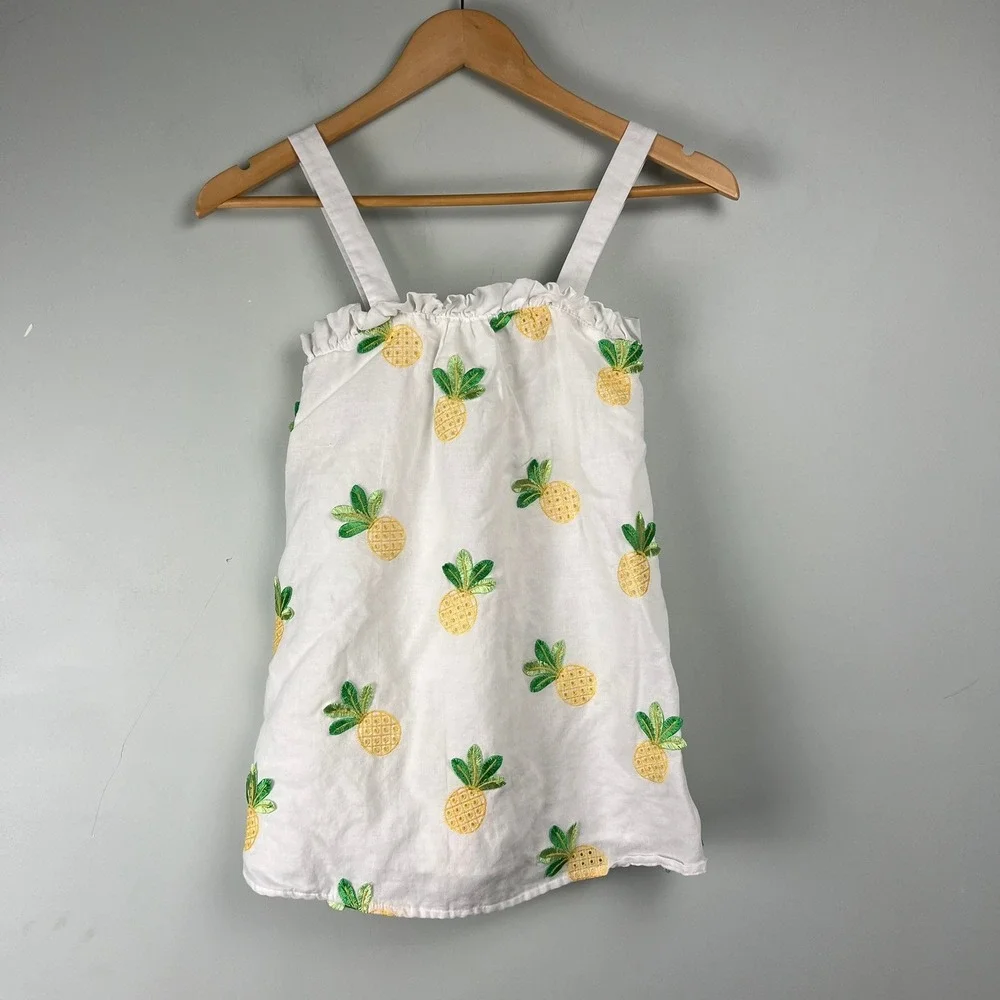 Janie and Jack Girls White Pineapple Embroidered Ramie Cotton Dress Size 6